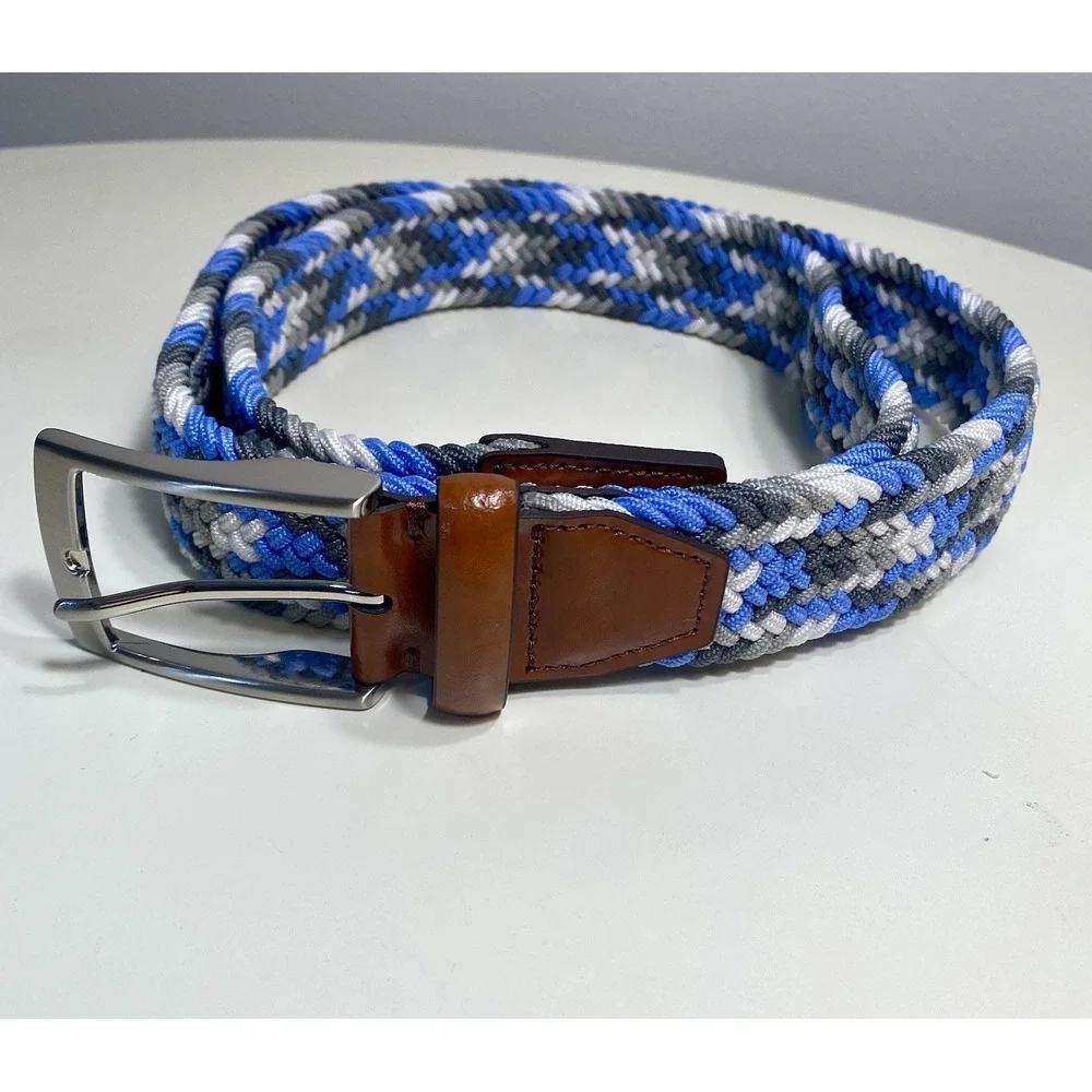 Men's Italian‎ Leather Multi Braided Woven Belt Blue White Grey Sz 40